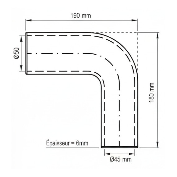 Silikonschlauch 90° Bogen Ø45/50mm - 190x180mm - 4-lagig VMQ Verstärkt