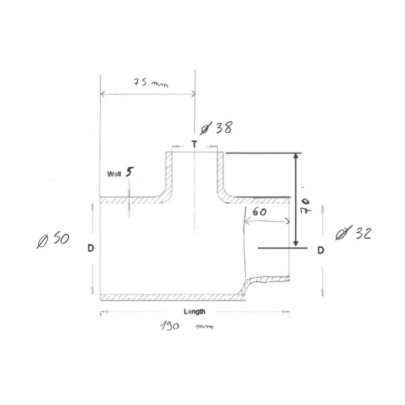 Silikon T-Schlauch - Hydraulikoel-Versorgung - Ø50/32 Abzweig Ø38 L.190mm - Renault Temis 650 (Iveco 8065.25)